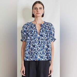 Apiece Apart Blue White Kasin Floral-Print Puff-Sleeve Top
